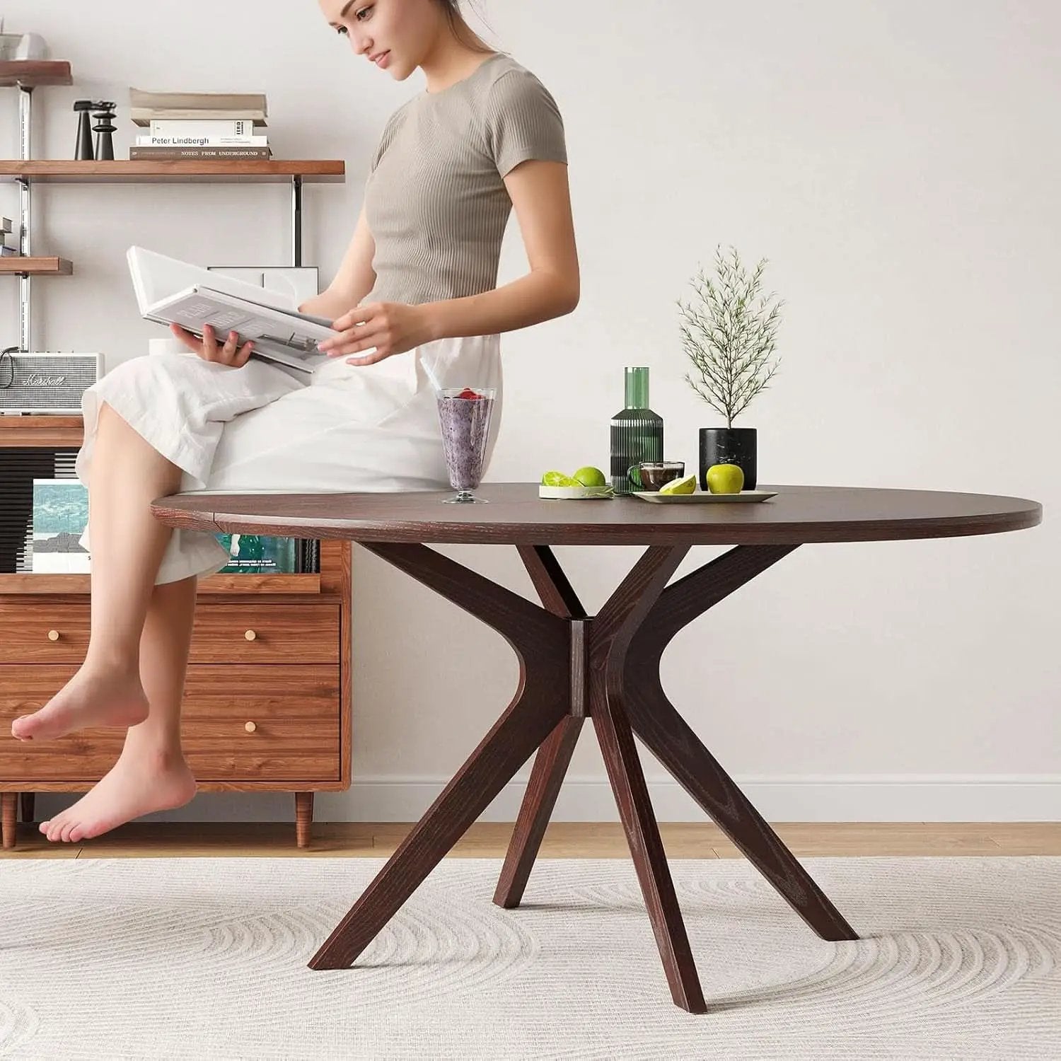 Walnut 47.2-Inch Round Dining Table With X Pedestal Solid Wood from PriceLows™