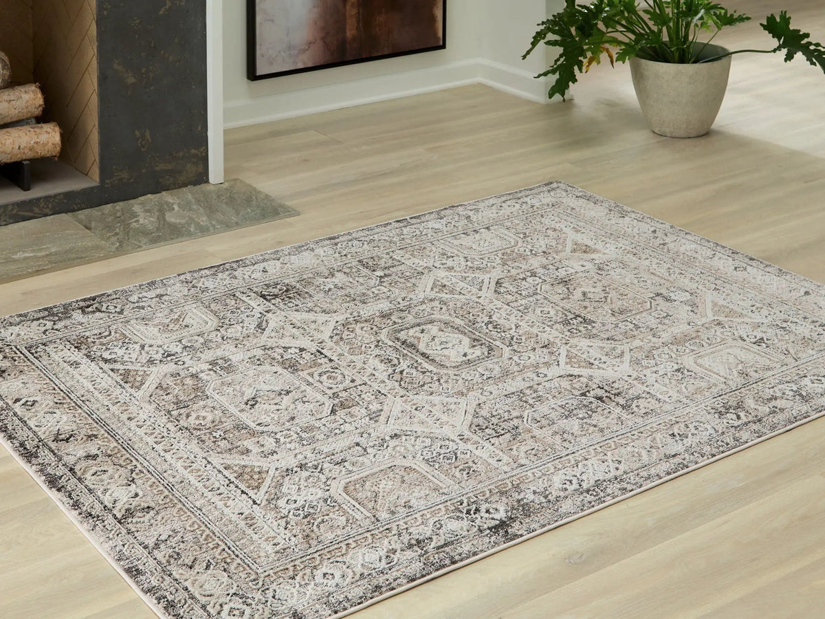 Junley Area Rug | 94 x 120 Inch | Aztec-Inspired Design | Neutral Tones