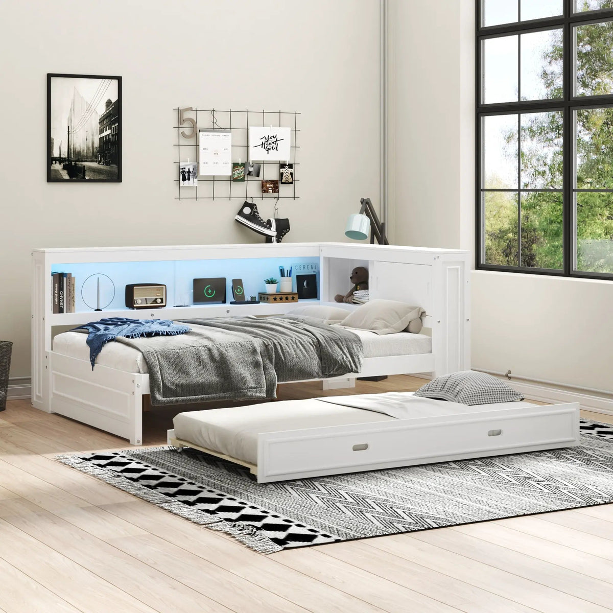 Daybed With Trundle | Storage Shelves | LED Strip With Remote | USB Charging