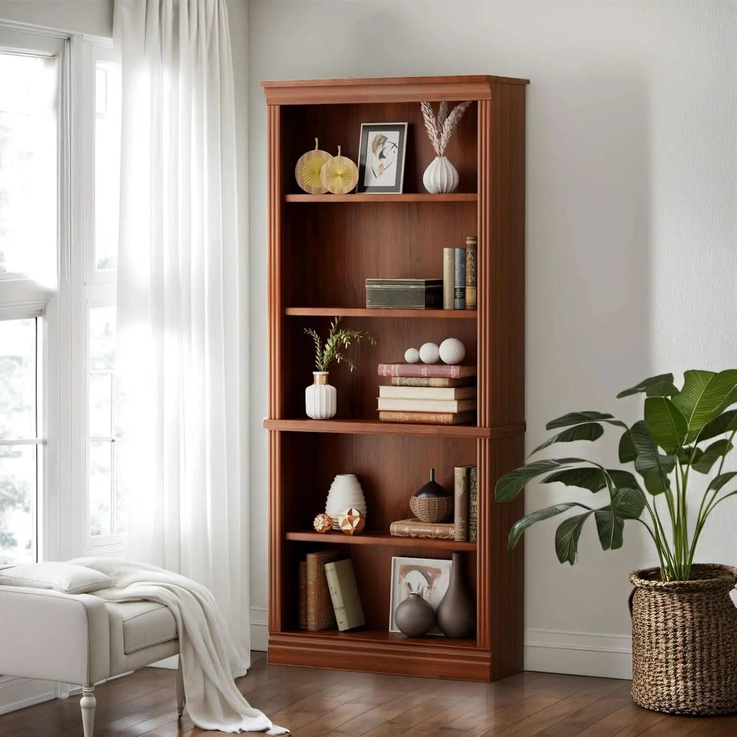 Five Shelf Tall Bookcase 72 Inch Cherry Wood Open Display from PriceLows™