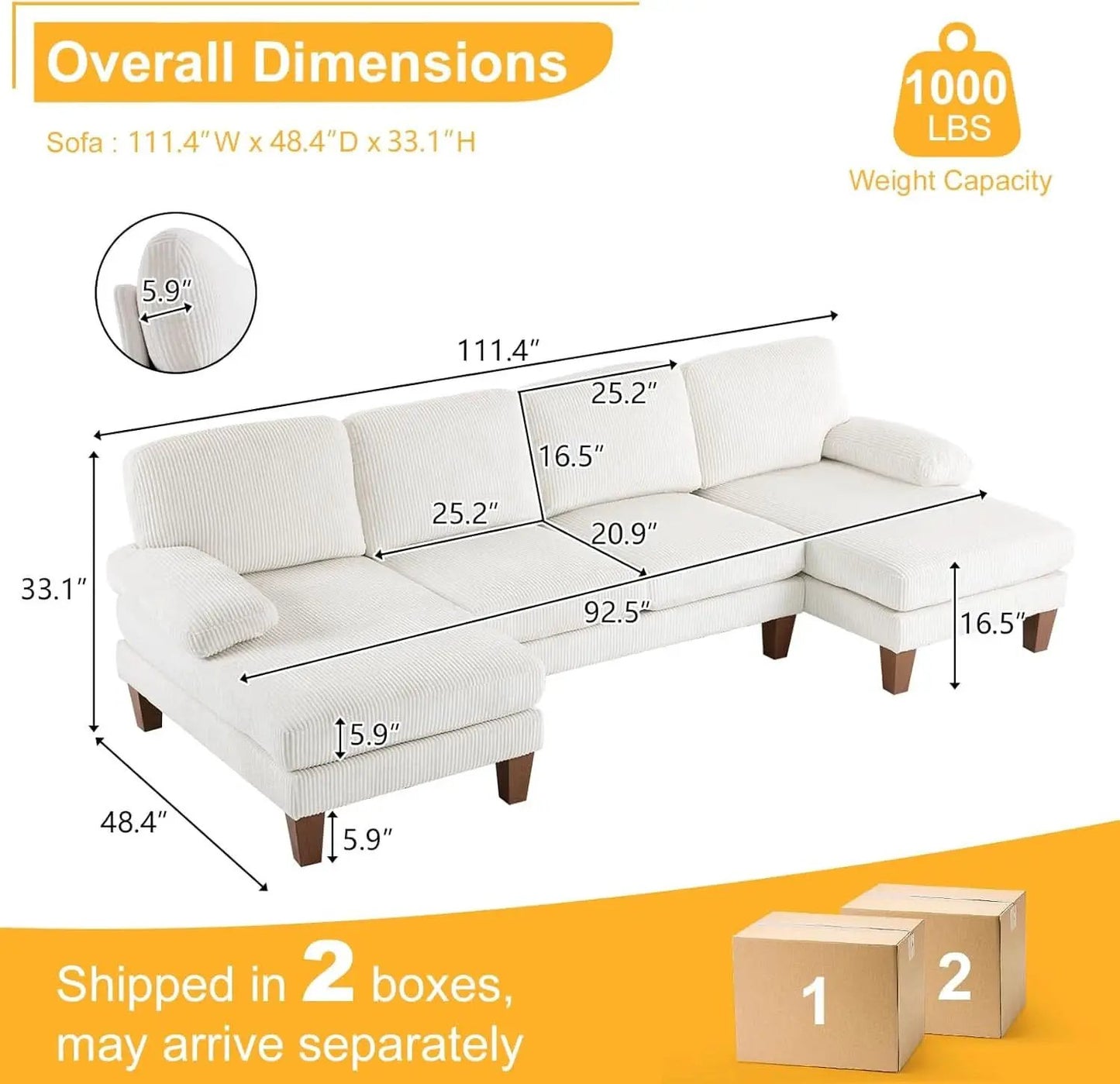 Beige 111 Inch U Shape Corduroy Sectional Sofa With Chaises from PriceLows™