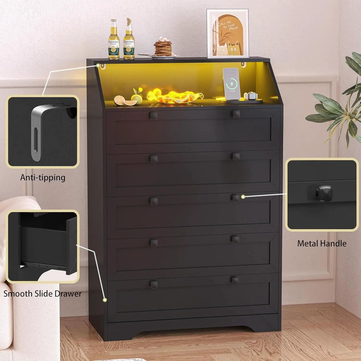 Tall Black Dresser With Customizable RGB Illumination from PriceLows™