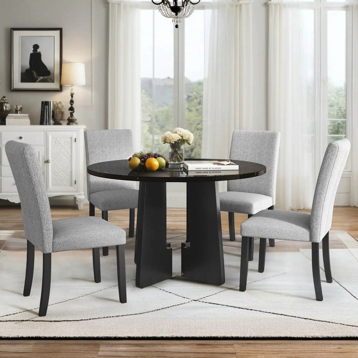 5 Piece Round Dining Table Set, Modern Table And 4 Upholstered Chairs For Dining Room | 5-Piece Set | Marble & Veneer | Dining Room