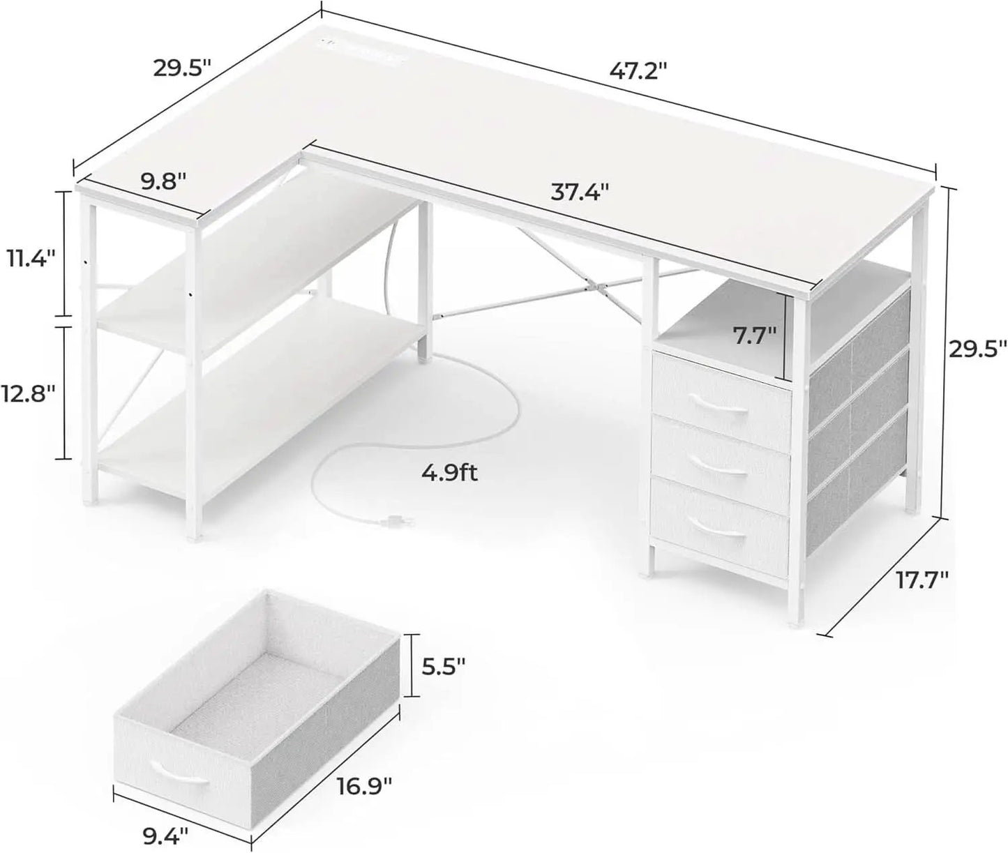 47 Inch L Shaped Desk With Power Outlets For Home Office from PriceLows™