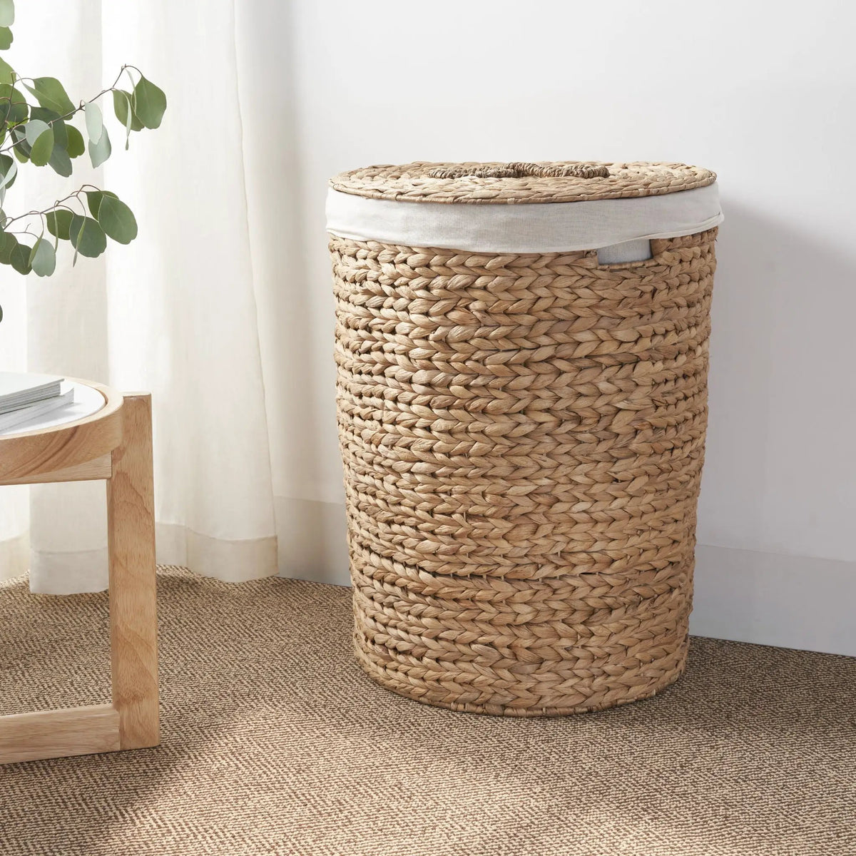 Ludmilla Round Laundry Hamper With Lid | Water Hyacinth Woven Wicker | Tall Storage Basket | 23 Inch Height