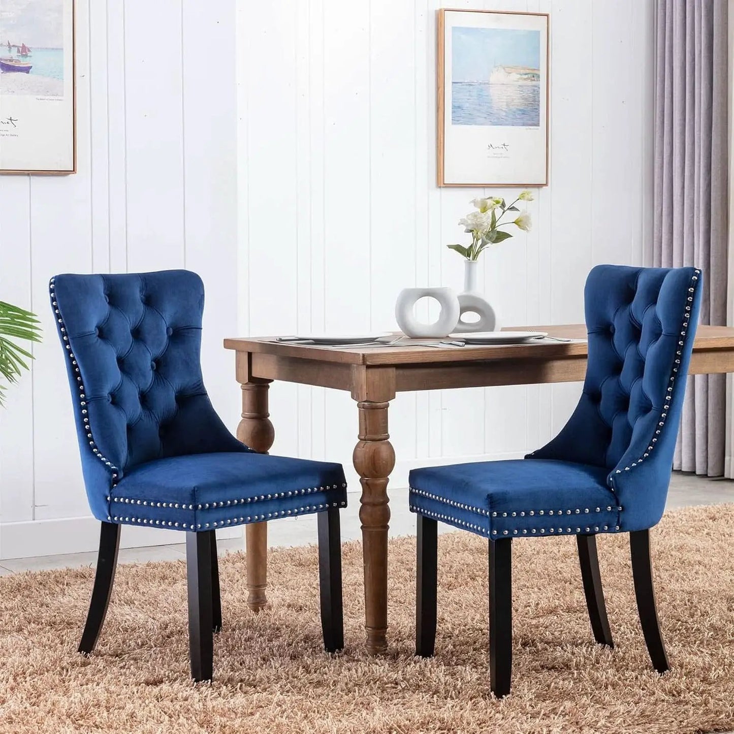 Tufted Velvet Dining Chairs Set of 4 Blue With Nailhead Back from PriceLows™