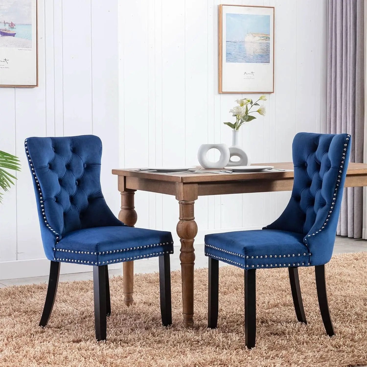 Tufted Velvet Dining Chairs Set of 4 Blue With Nailhead Back from PriceLows™