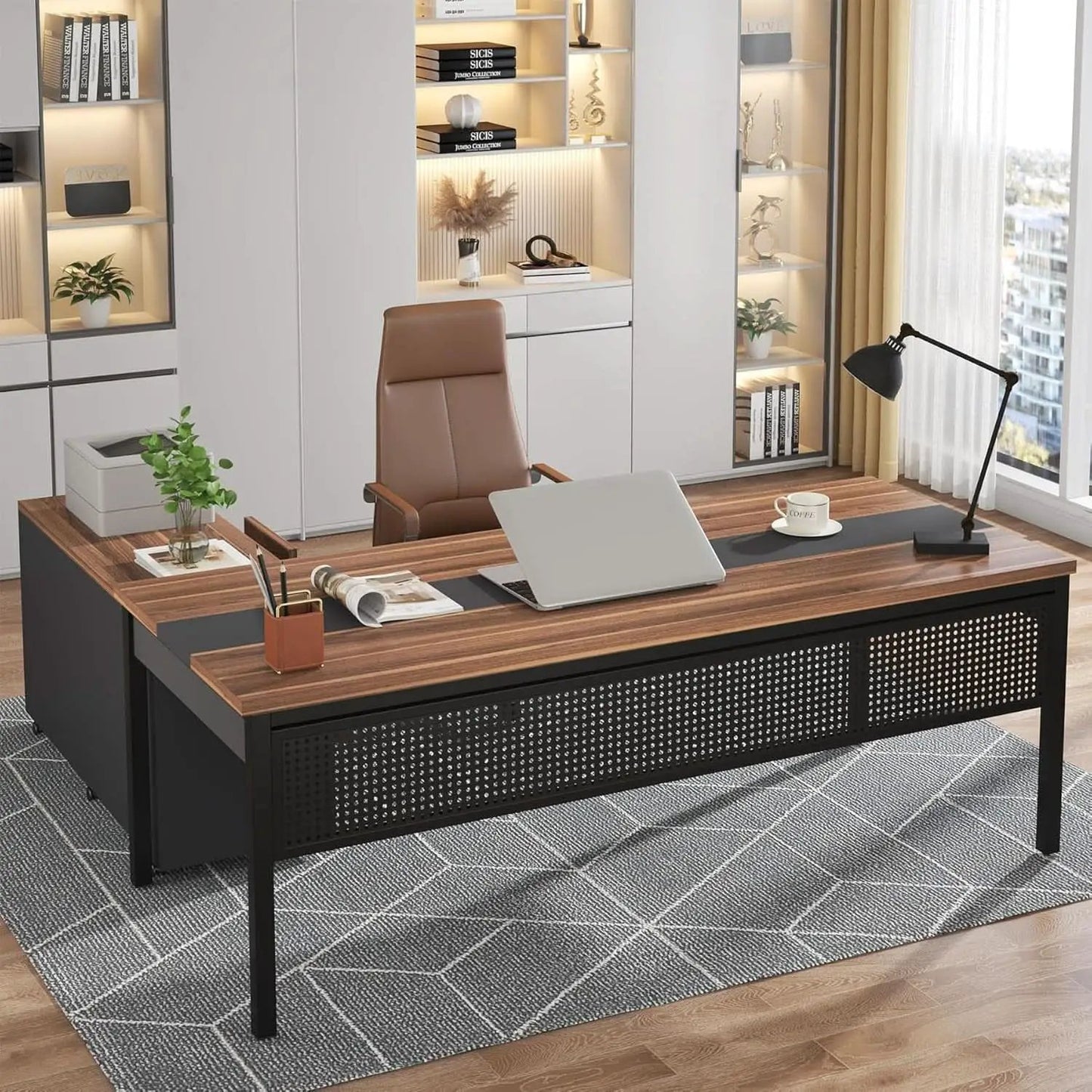 71 Inch Walnut Executive L Shaped Desk With File Cabinet from PriceLows™
