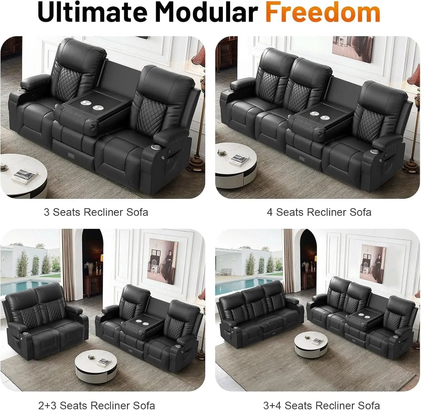 Black PU Leather Four Seater Recliner With USB Ports from PriceLows™