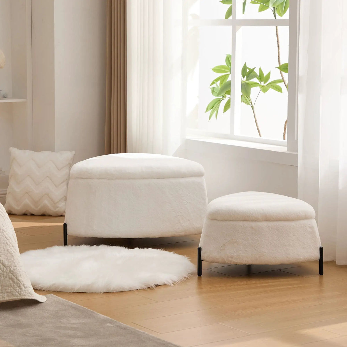 Storage Ottoman Set | Upholstered Faux Fur | Reversible Lid | Solid Wood Frame