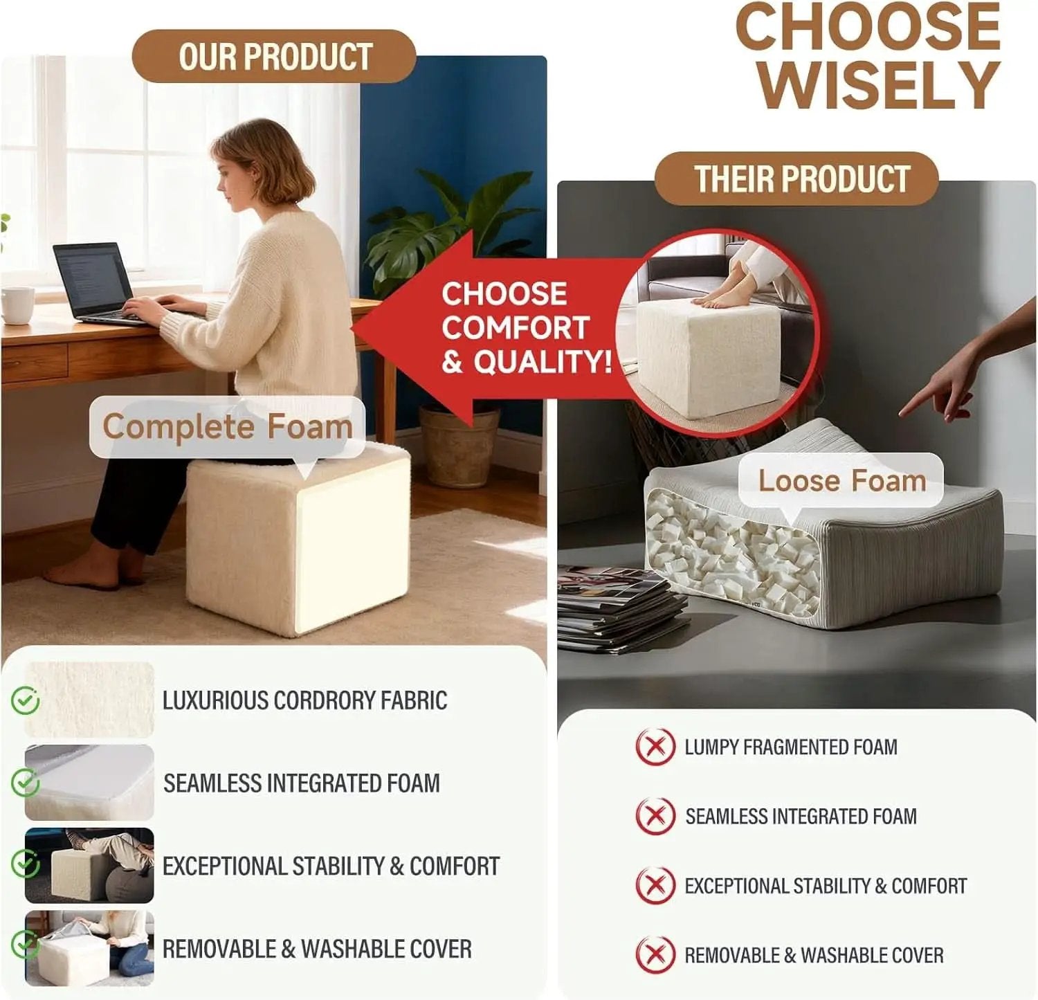 Cream Square Luxurious Upholstered Foam Pouf Ottoman from PriceLows™