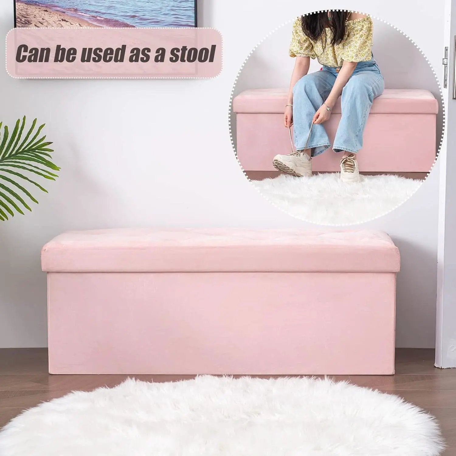 Pink 43 Inch Velvet Lux Foldable Storage Ottoman Bench from PriceLows™