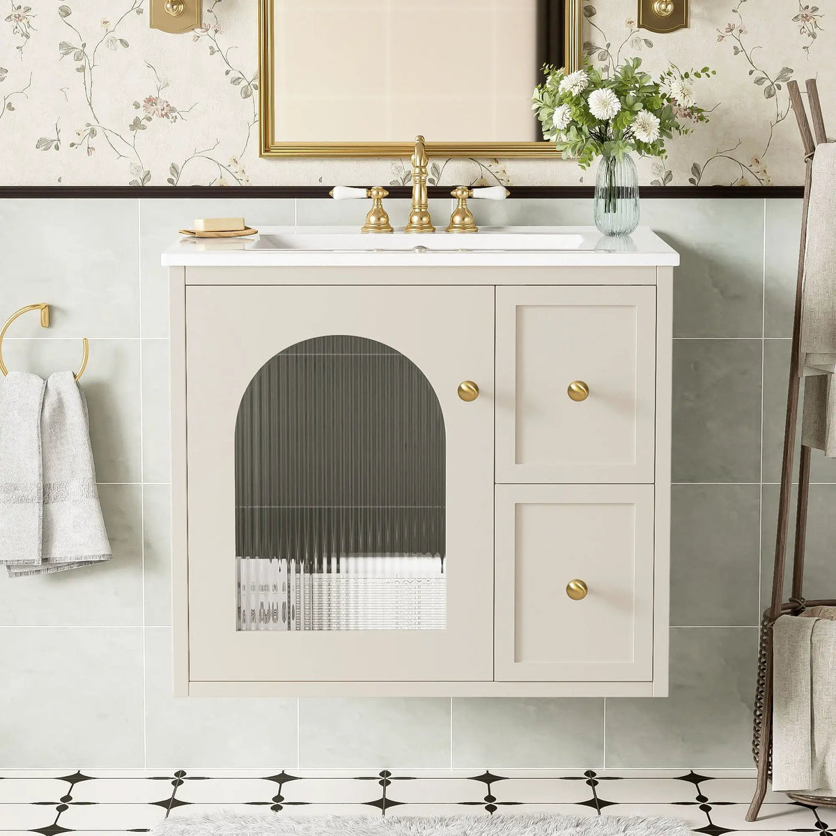 Wall-Mounted Bathroom Vanity Set | Sink Included | 2 Drawers | Soft-Close Glass Door Cabinet