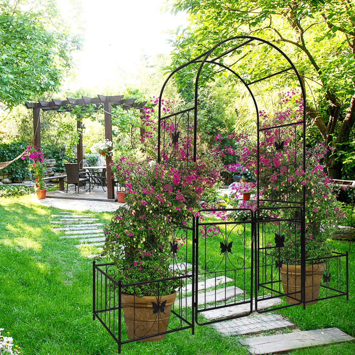 Metal Garden Arch With Gate | Black | Double Gate | Side Planters