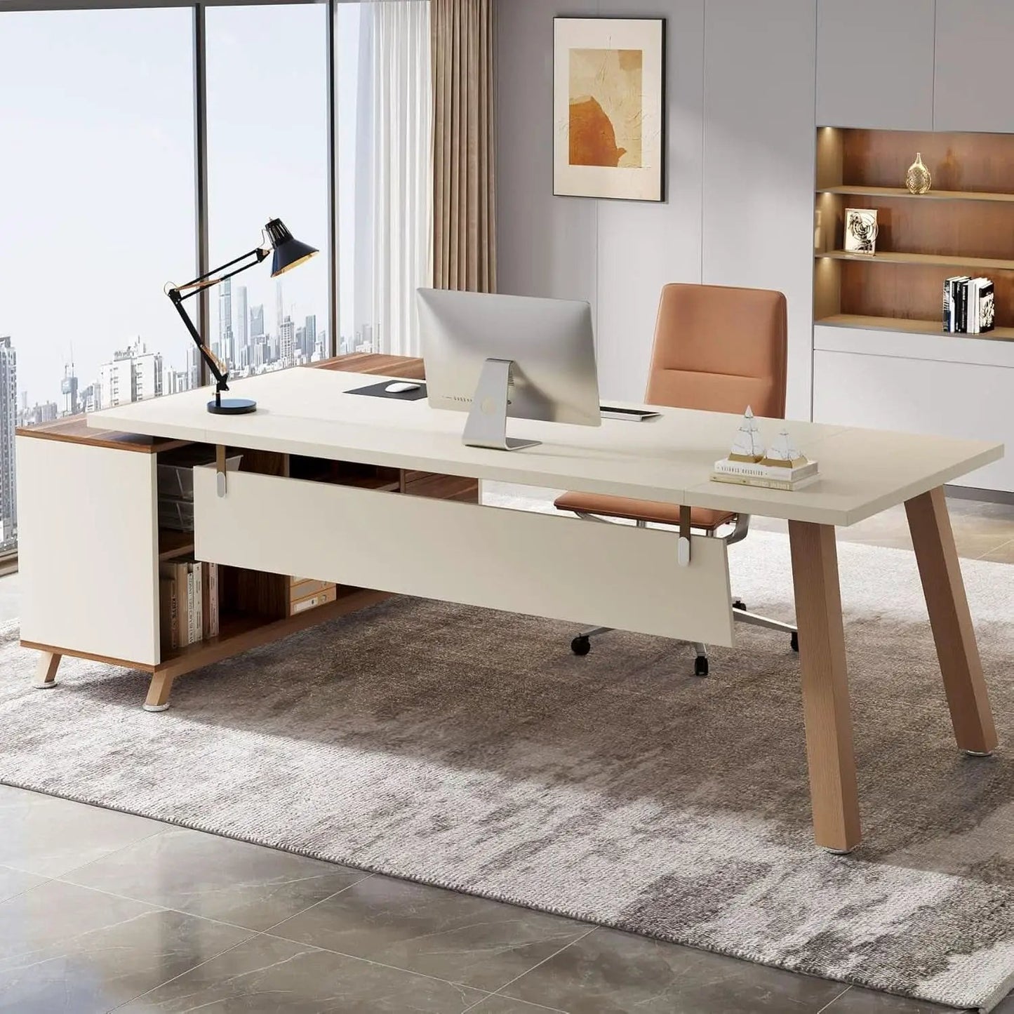 71 Inch Walnut White L Shaped Desk With 55 Inch Cabinet from PriceLows™