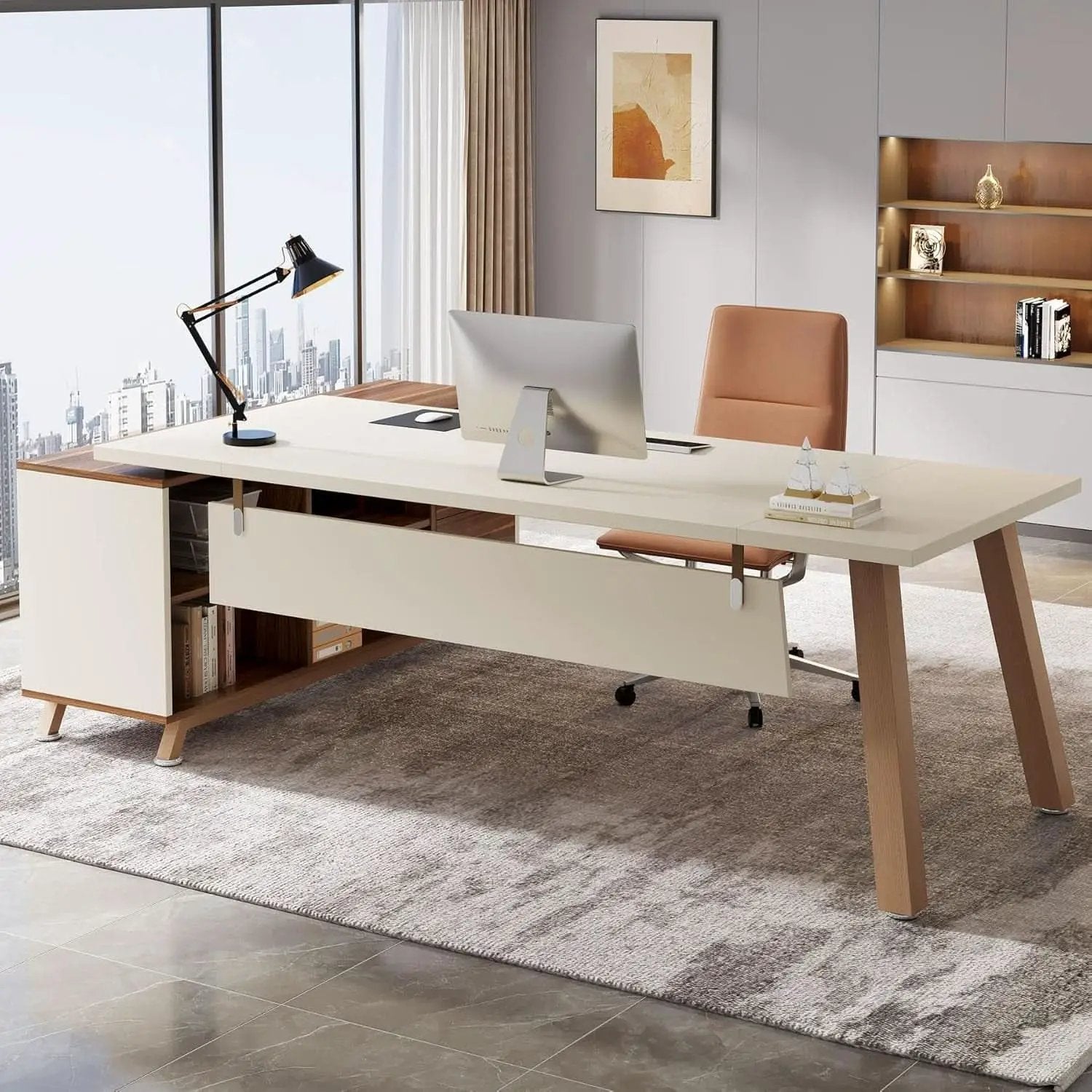 71 Inch Walnut White L Shaped Desk With 55 Inch Cabinet from PriceLows™