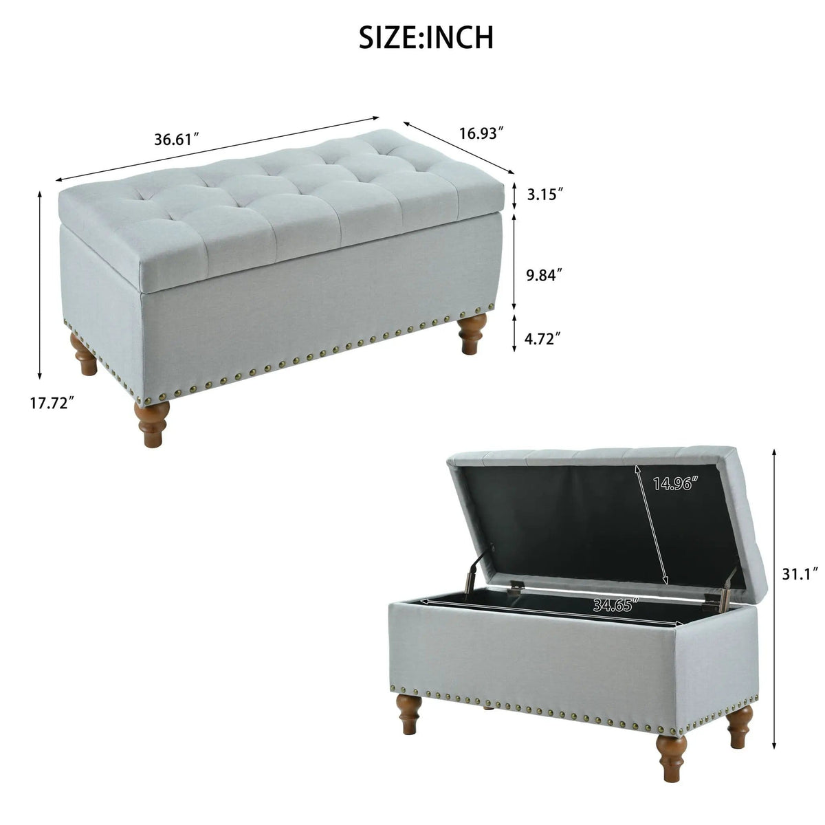 Upholstered Ottoman With Storage And Rivet Trim | 2 Pieces | Solid Wood | Living Room