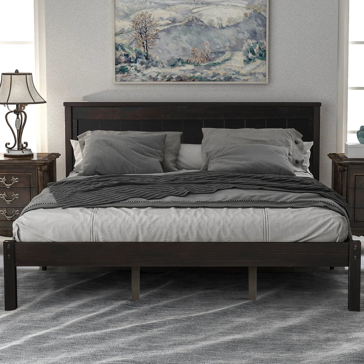 Platform Bed Frame With Headboard | Espresso Finish | Durable Pine Wood