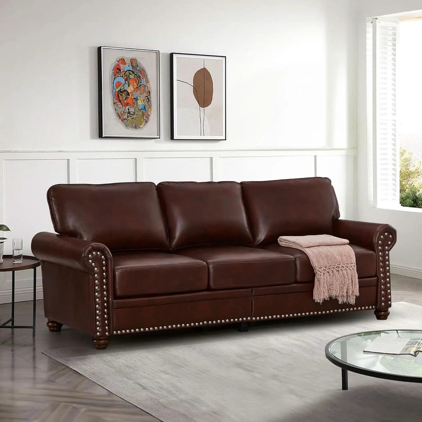 Two Piece Upholstered PU Leather Sofa Set With Hidden Storage Red Brown Mid Century Modern Living Room Furniture from PriceLows™