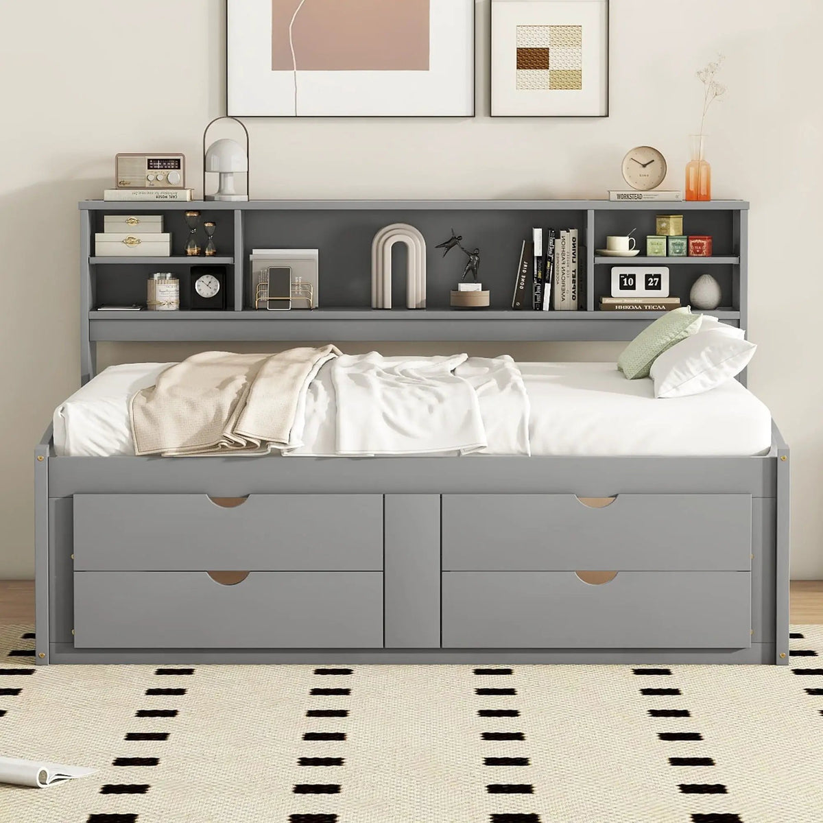 Daybed With Storage | 2 Bedside Cabinets | Upper Shelves | 4 Drawers