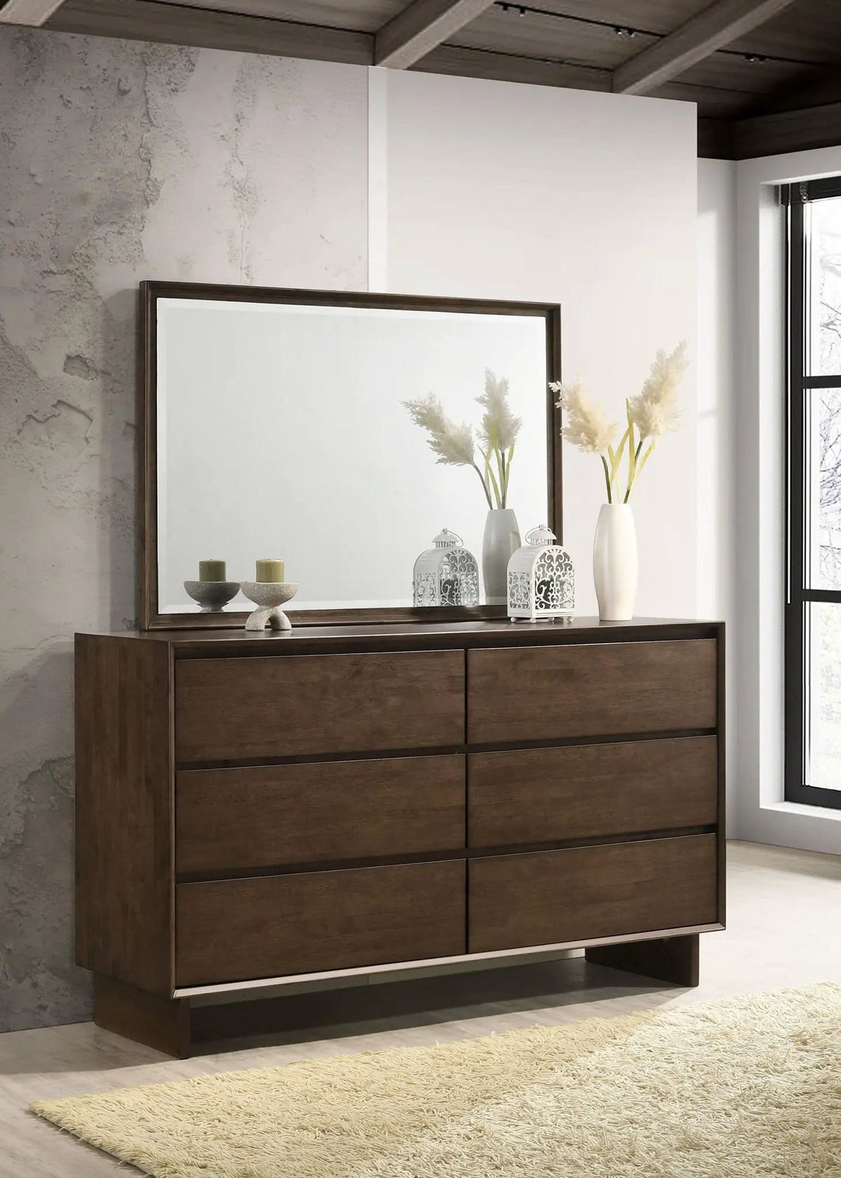 Glenwood 6-drawer Dresser and Mirror Warm | 64 x 20 x 72.25 in | Wood | Brown