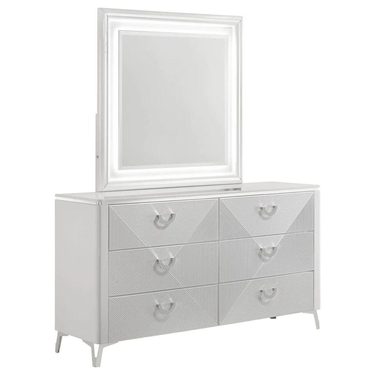 Cassia 6-drawer Dresser Cabinet with Mirror White High Gloss | 63 x 17.75 x 76.5 in | Metal | Bedroom