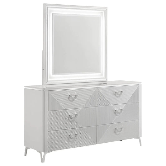 Cassia 6-drawer Dresser Cabinet with Mirror White High Gloss | 63 x 17.75 x 76.5 in | Metal | Bedroom