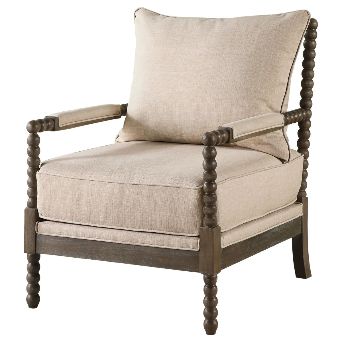 Blanchett Upholstered Bobbin Accent Chair Beige and Distressed | 29.5 x 34 x 38 in | Rubberwood & Fabric | Brown