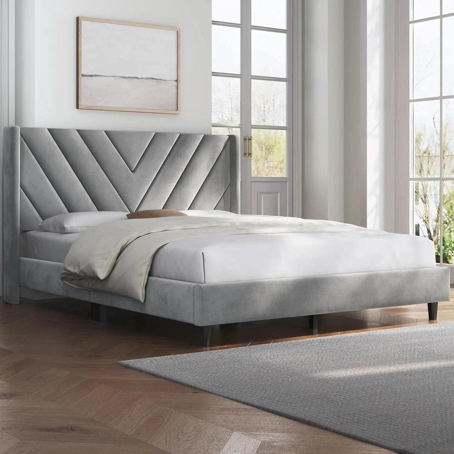 Queen Upholstered Bed Frame With Winged Tufted Headboard Light Gray from PriceLows™