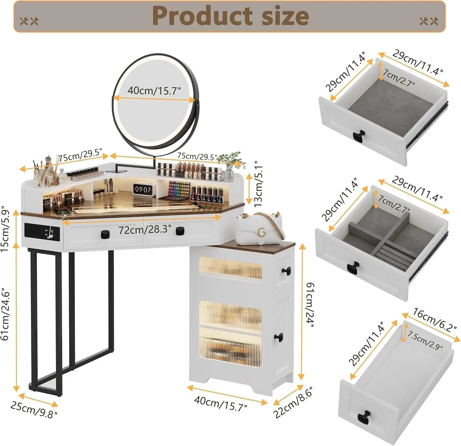 White Corner Vanity Mirror With Built In Charging Station from PriceLows™
