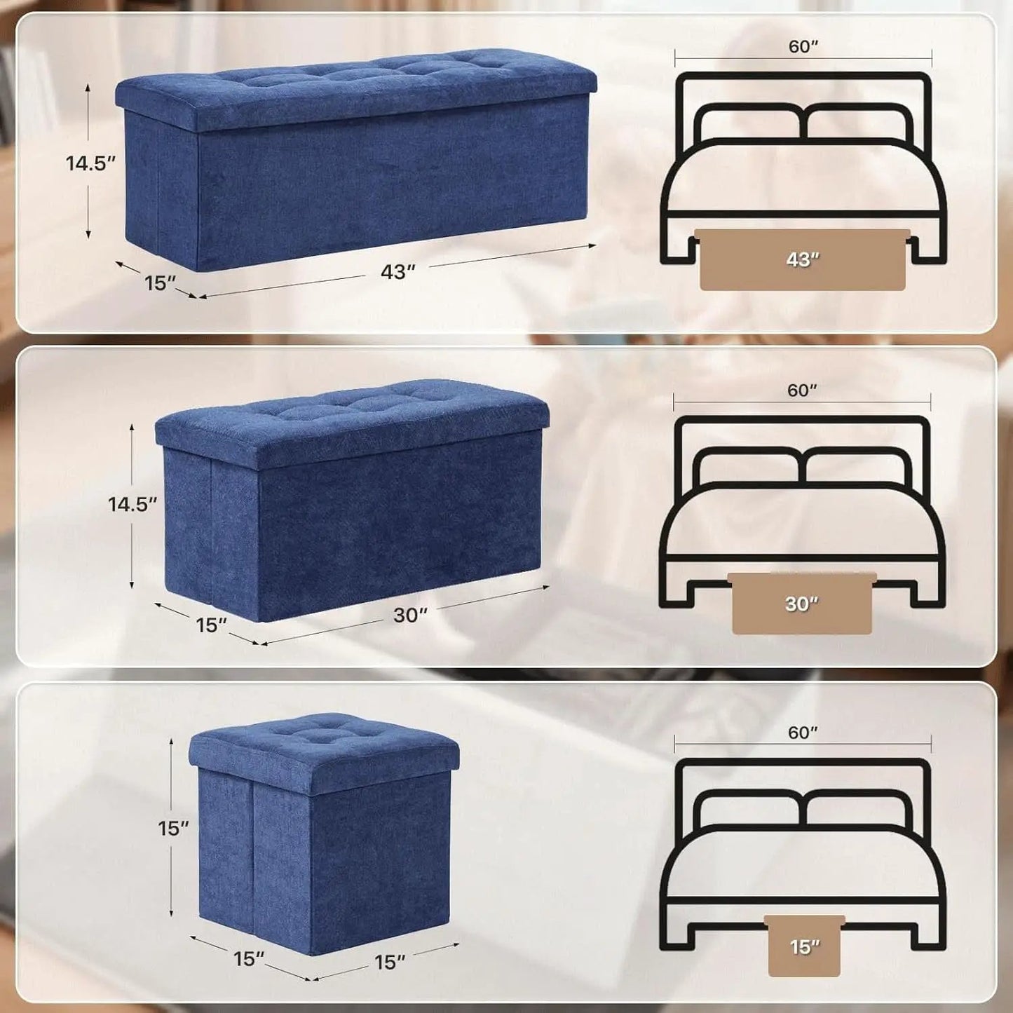 Navy Blue Folding Storage Ottoman Organizer 43Inch from PriceLows™