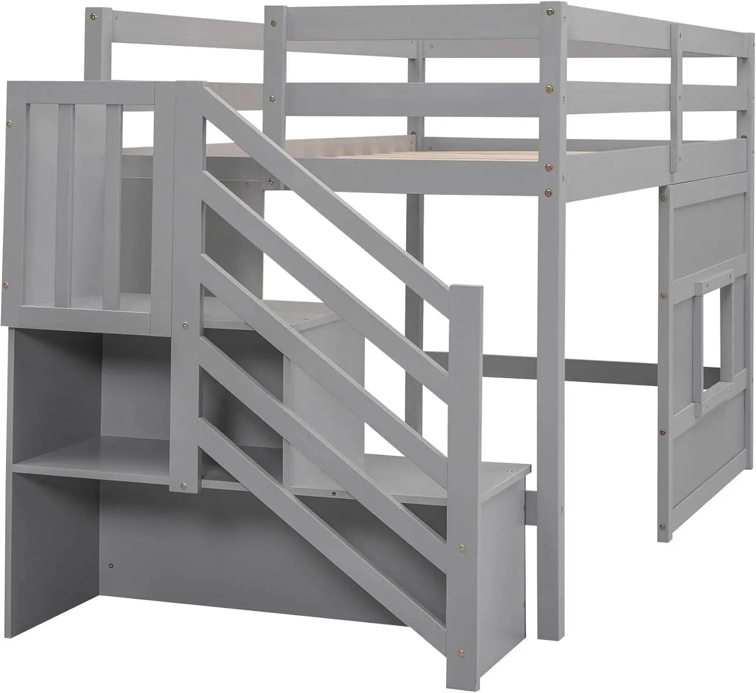 Twin Size Low Loft Bed In Gray With Stairs Storage from PriceLows™