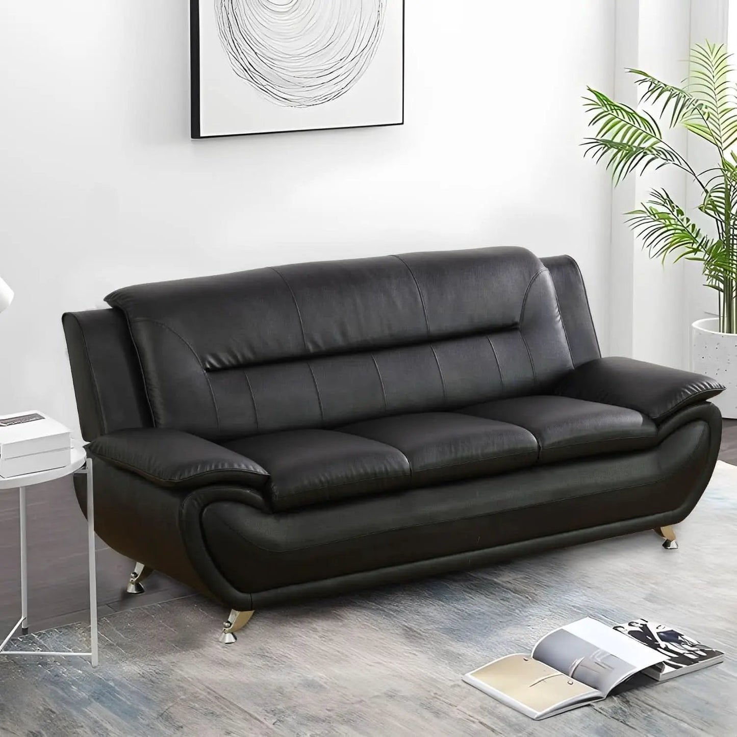 Black Faux Leather Sofa Loveseat 2 Piece Living Room Set from PriceLows™