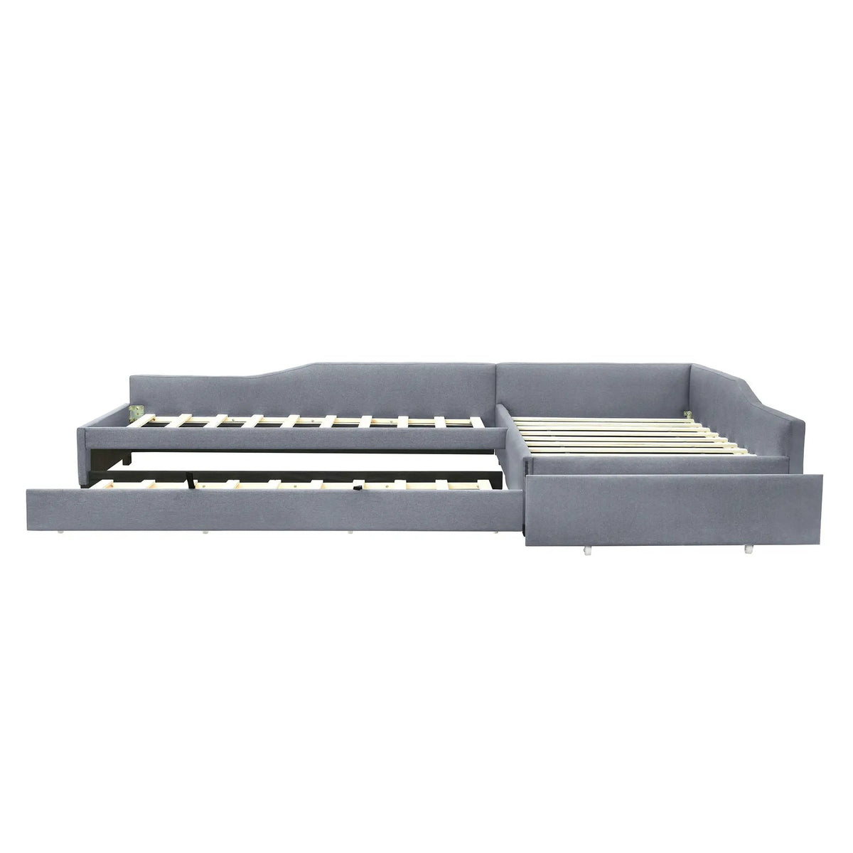 Upholstered Double Daybed | Trundle And Drawer | Two Twin Beds | 120 Inch Length