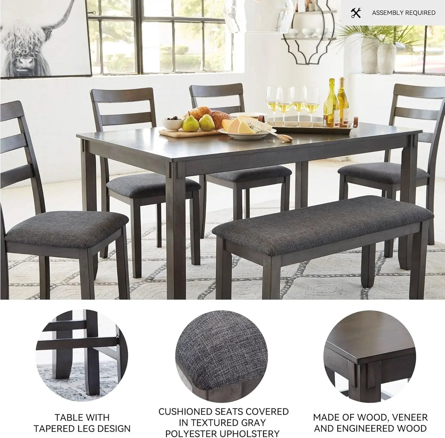 Charcoal Gray 6Piece Contemporary Dining Set Bench from PriceLows™
