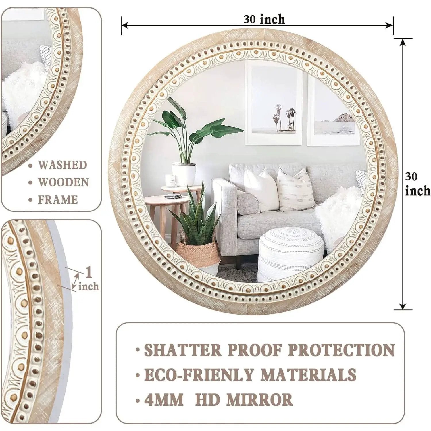 Farmhouse Rustic 30 Inch Wooden Round Mirror Wall Decor from PriceLows™