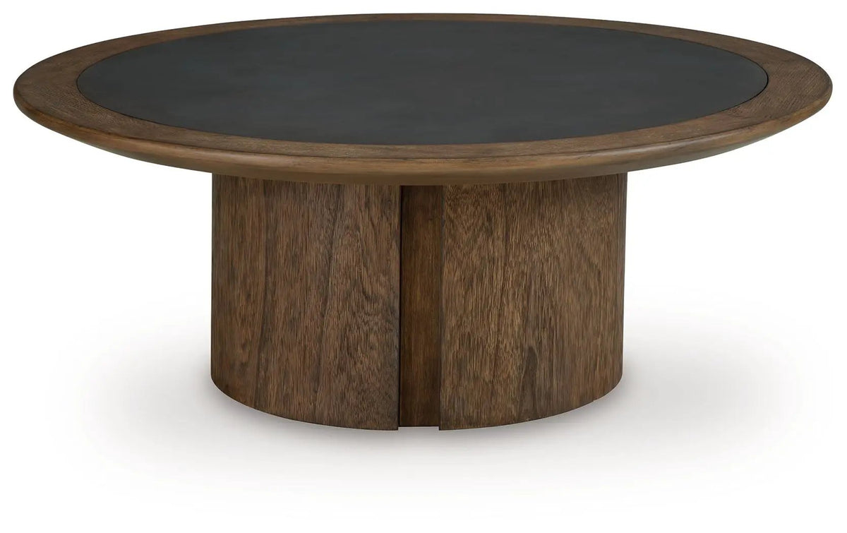 Dontayne Round End Table | Faux Cement Top | Warm Wood-Tone Finish | 24 Inch Diameter