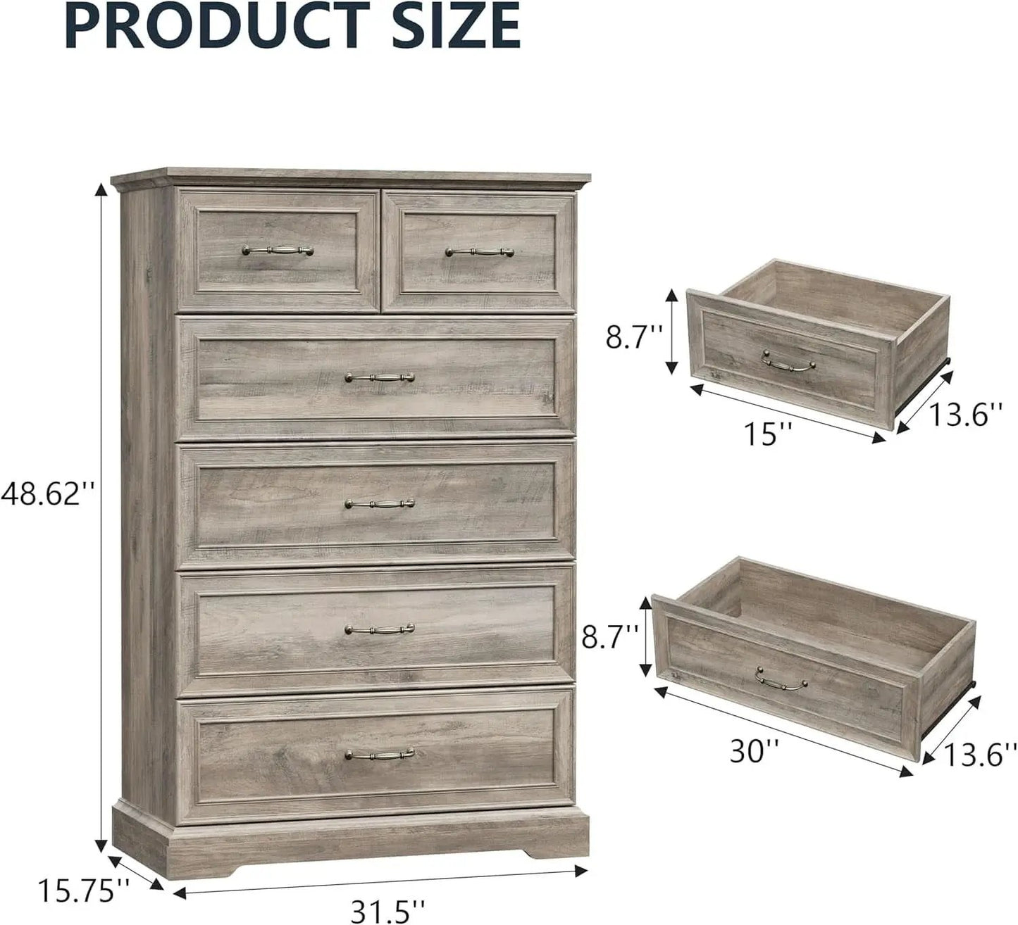 Greywash SolidWood FortyNineInch ExtraTall Six Drawer Dresser from PriceLows™