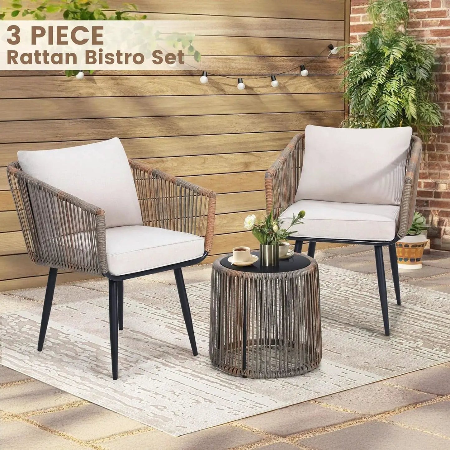Beige 3 Piece Patio Rattan Bistro Conversation Set Outdoor Wicker Chairs And Side Table from PriceLows™