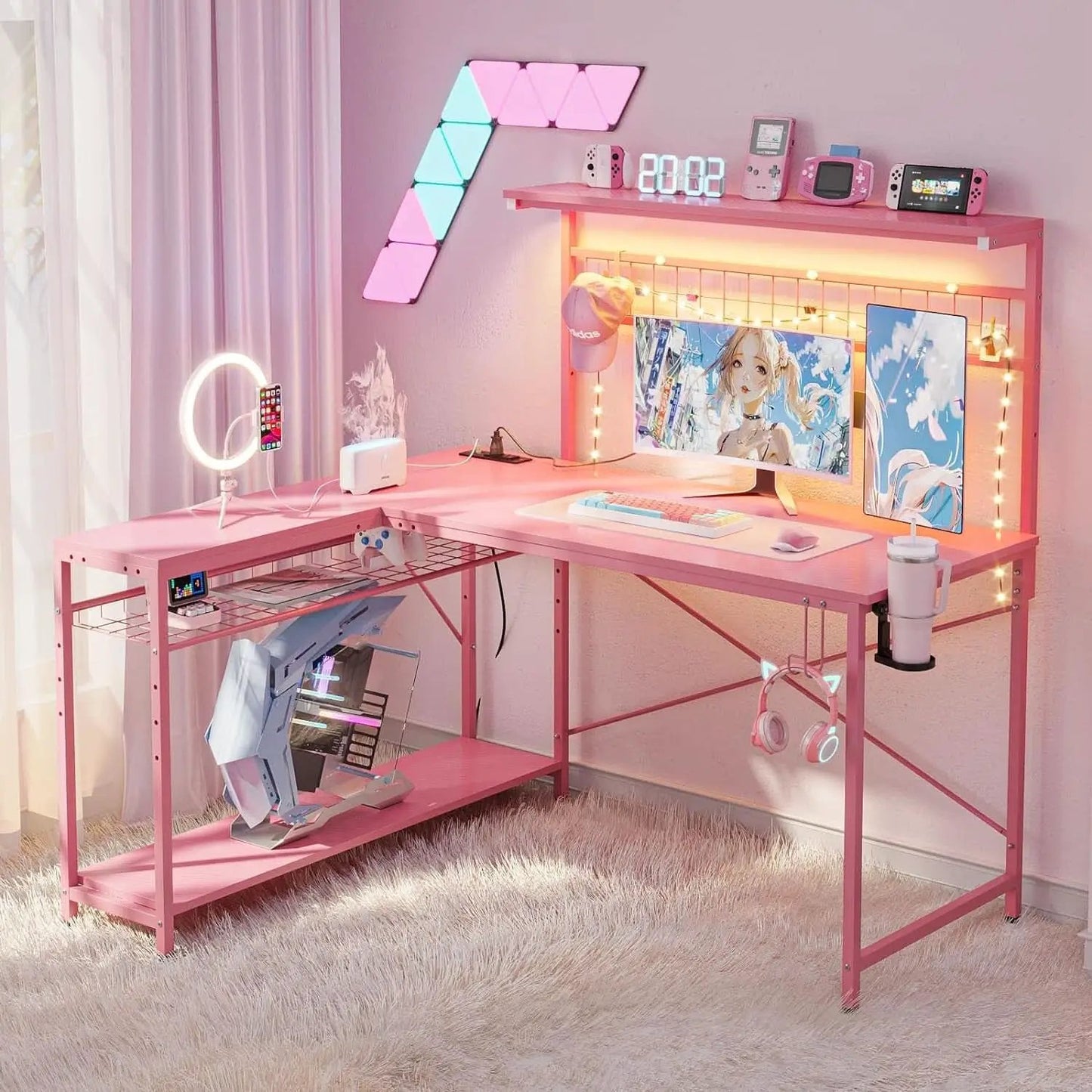 51 Inch L Shaped Gaming Desk Pink With Power Outlets And LED Lights from PriceLows™
