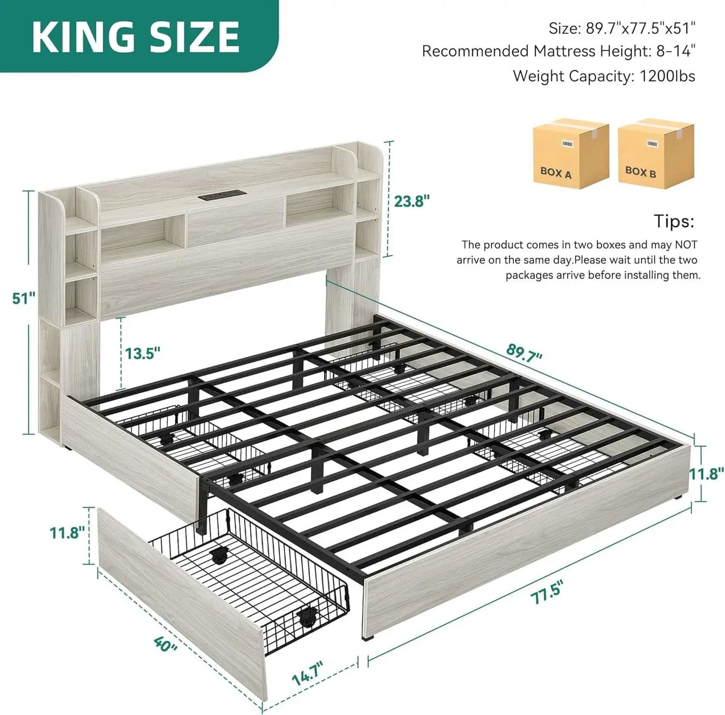King Size Bed Frame Antique White With Bookcase Headboard from PriceLows™