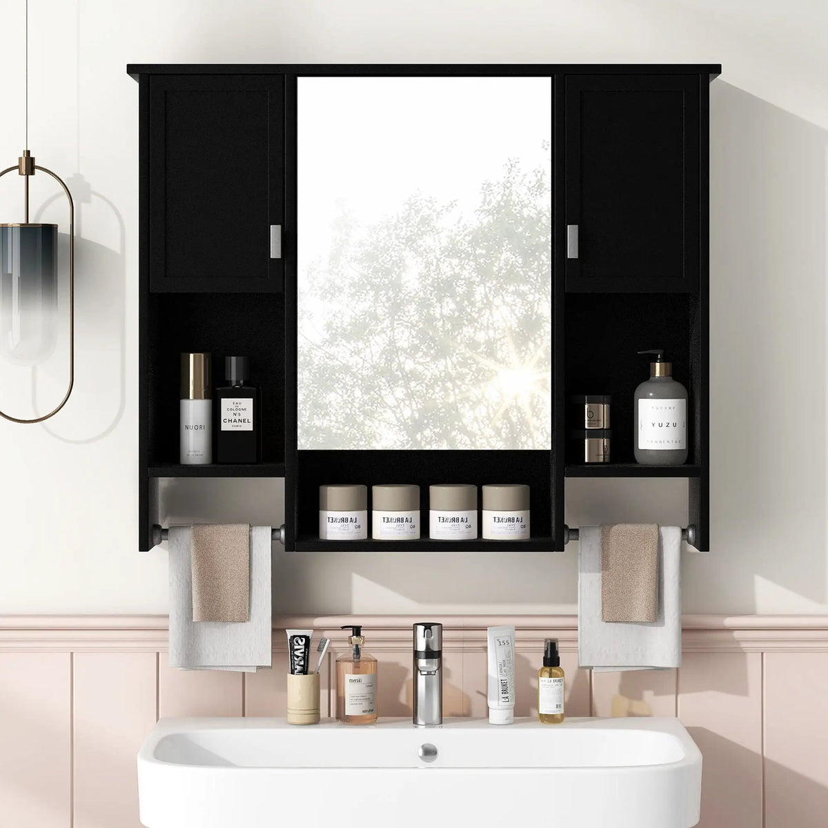 Wall Mounted Bathroom Cabinet With Mirror | Towel Bar | Closed Cabinets And Open Shelves | 35 Inch Width