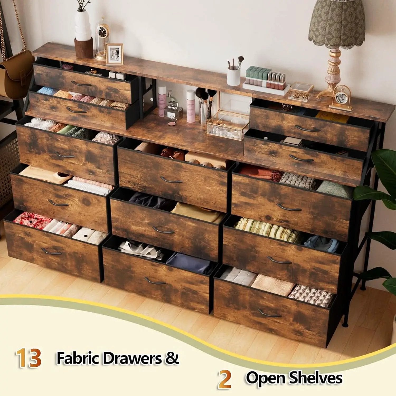 SeventyTwoInch Wide Dresser With Fabric Drawers RusticBrownWoodTop from PriceLows™