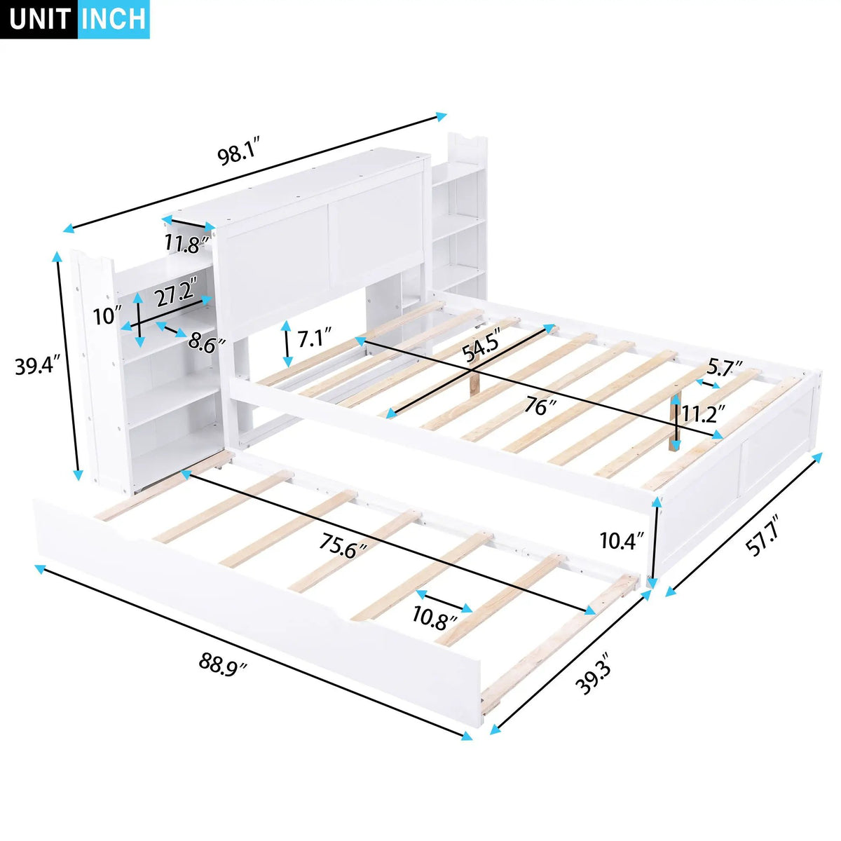 Storage Platform Bed | Solid Pine Wood | Pull Out Shelves | Trundle