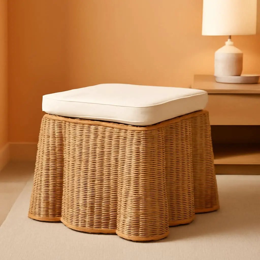 Honey Bohemian Scallop Rattan Ottoman Plush Cushion from PriceLows™