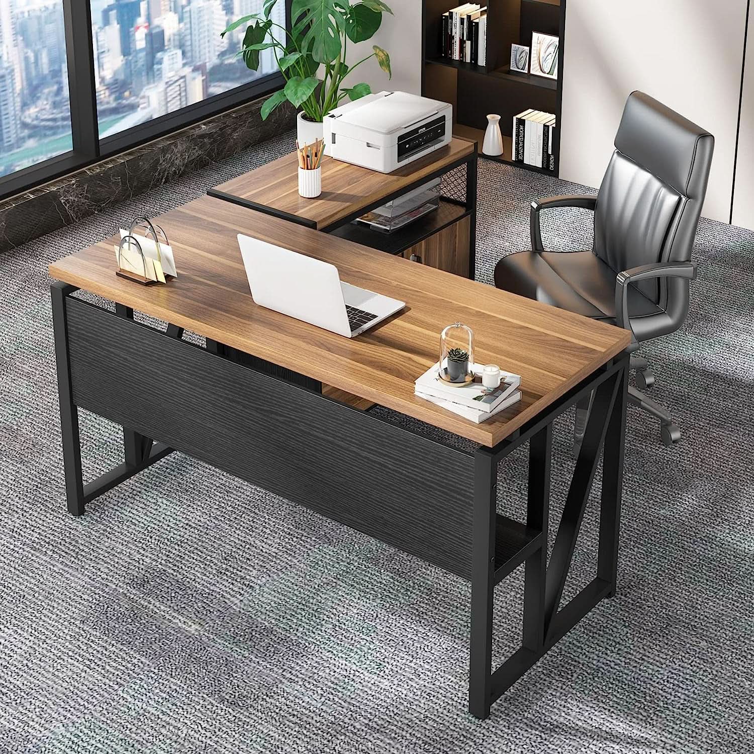 Rustic L Shaped Desk With Storage Cabinet On Wheels from PriceLows™