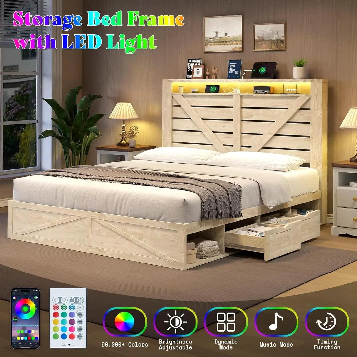 Queen Size Farmhouse Storage Bed With LED Lighting from PriceLows™