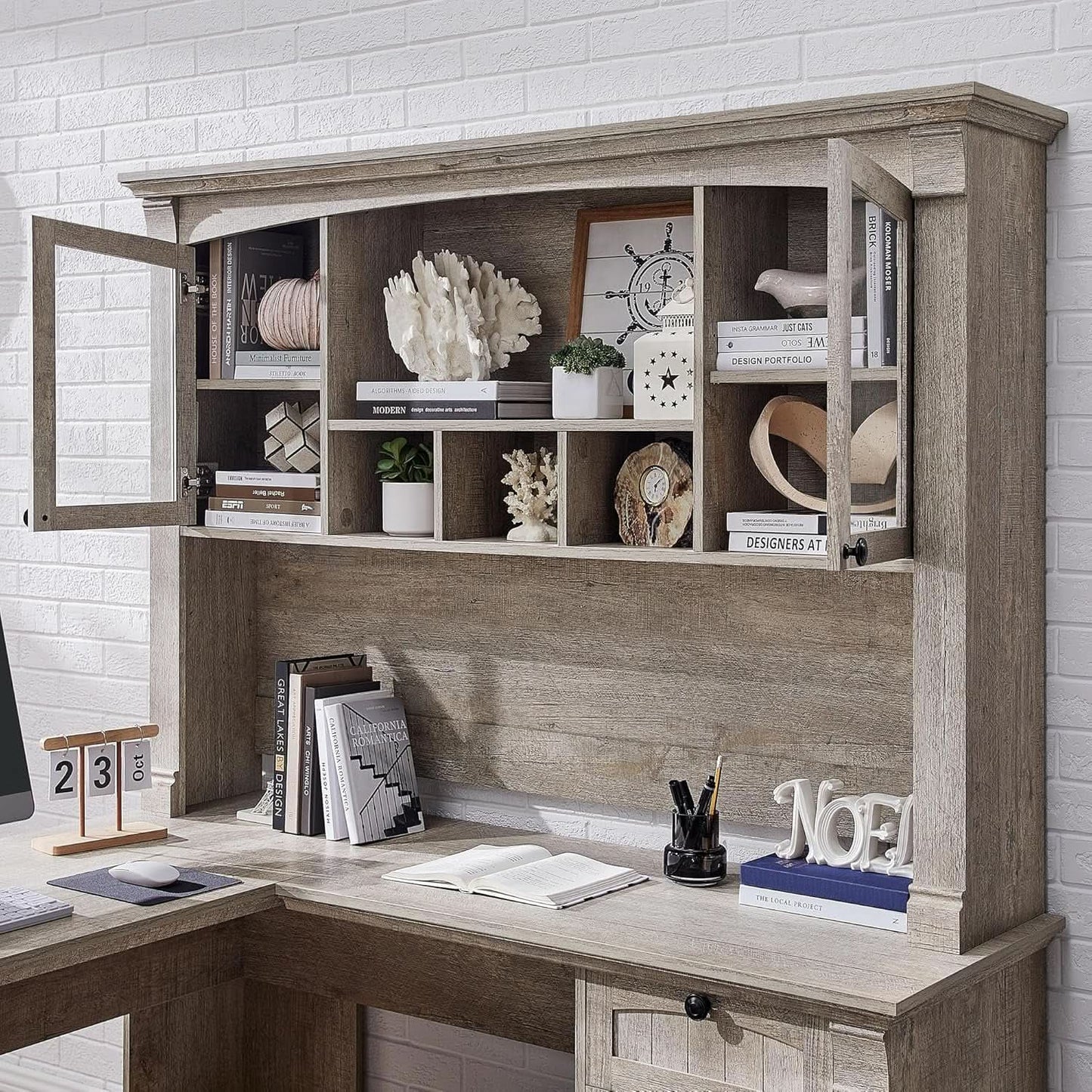 60-Inch L-Shaped Desk With Hutch Light Rustic Oak Finish from PriceLows™
