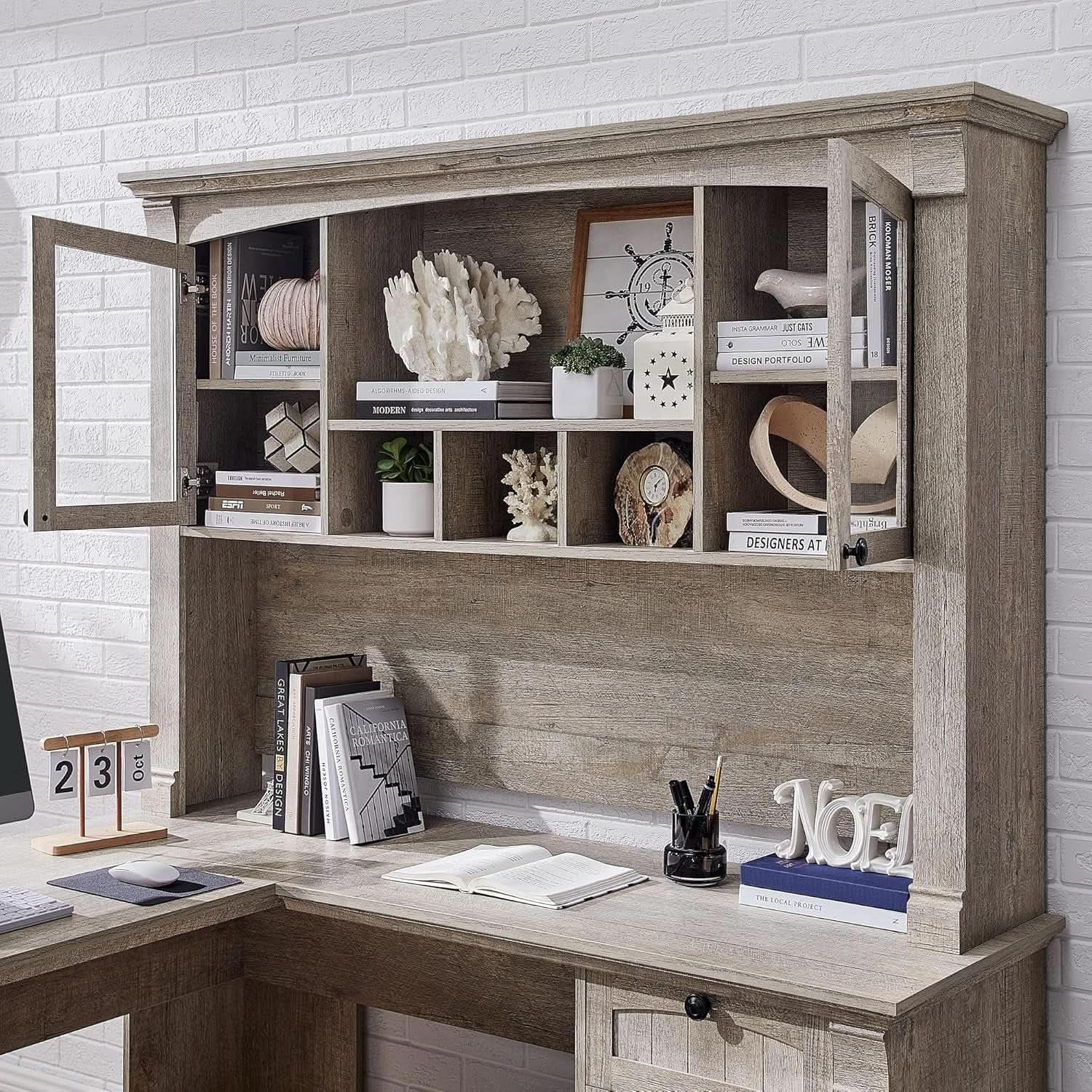 60-Inch L-Shaped Desk With Hutch Light Rustic Oak Finish from PriceLows™