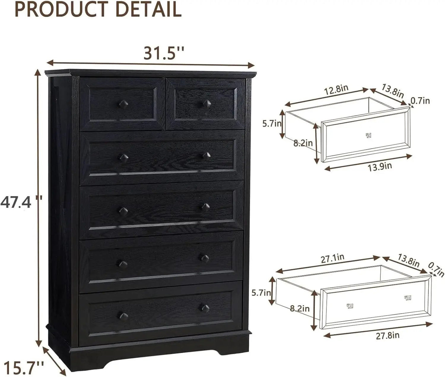 Tall Black Six Drawer Dresser Contemporary Storage from PriceLows™